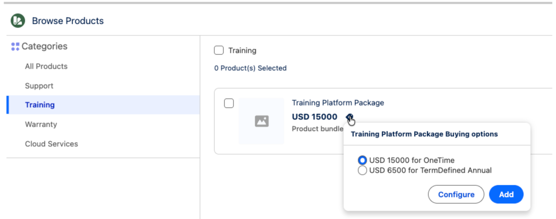 Buying options showing OneTime and TermDefined Annual pricing for the same product
