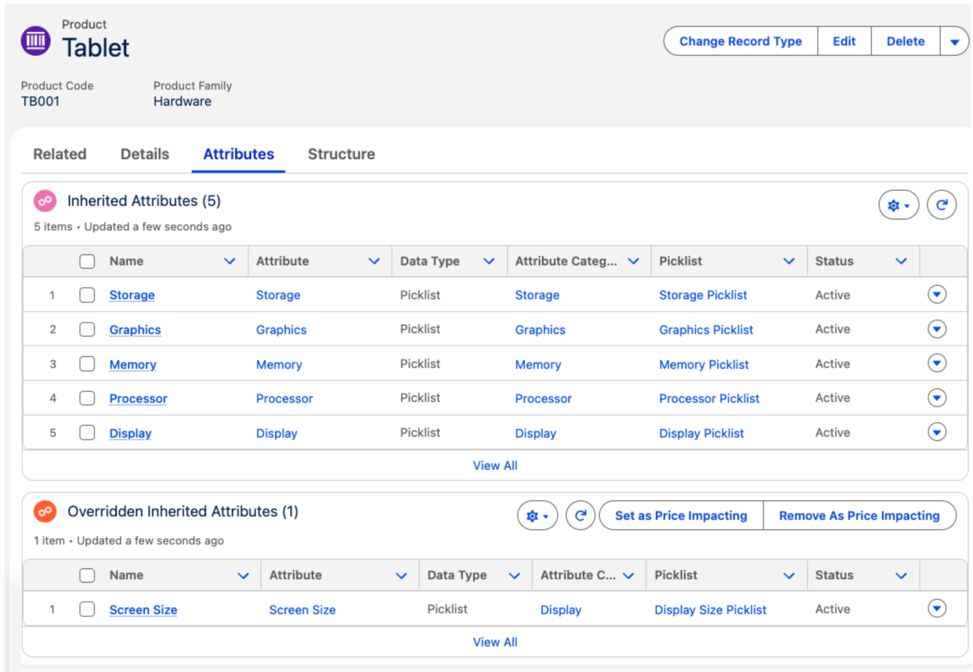 Product attributes page showing inherited attributes and an overridden inherited attribute