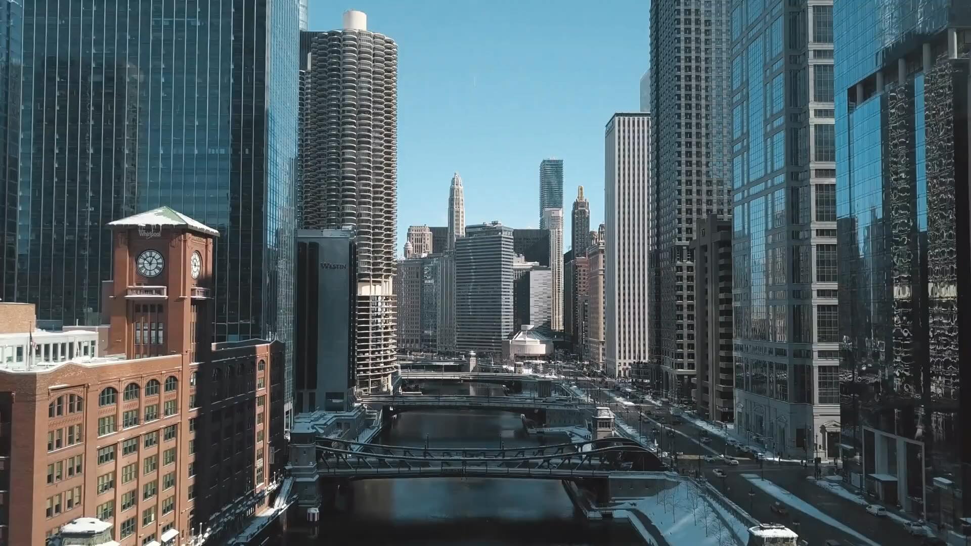 Chicago city skyline with river view